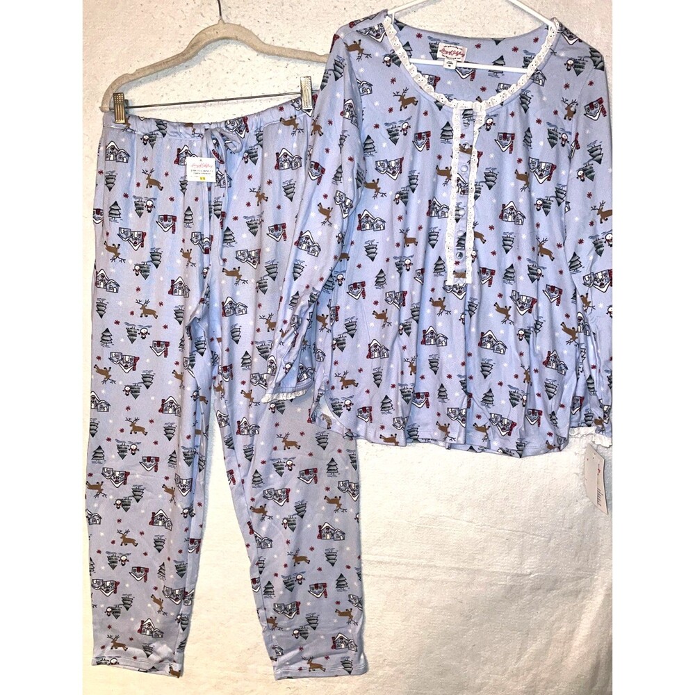 Lanz of Salzburg Sweater Knit Henley top pants Pajama Set Blue Deer Womens sz M